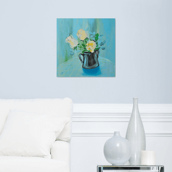 Blooming yellow roses on blue