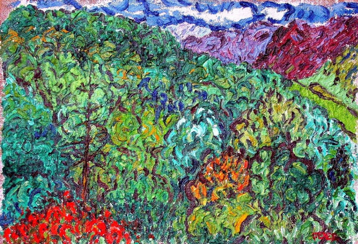 Expressive Landscape Oil Painting By Richard Meyer, 22 X 15", Hillside With Montbretia #2, Original Artwork