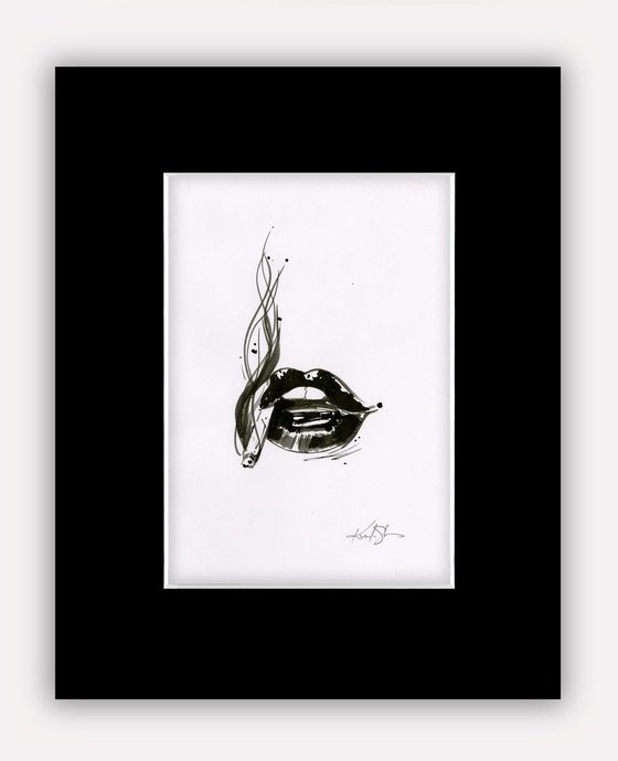 Sexy Lips 14 - Lips With Cigarette,Original Minimalist Ink Illustration by Kathy Morton Stanion