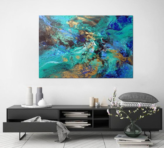 Modern abstract art blue green gold metallic painting ocean colors - Shimmer of the ocean