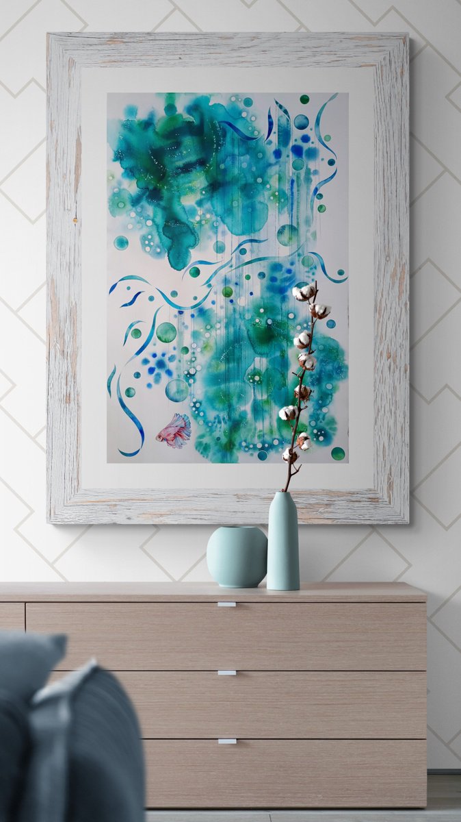 Organic Abstract Watercolour By Ilaria Finetti, 26 X 40, Turquoise Motion 3, Original Artwork