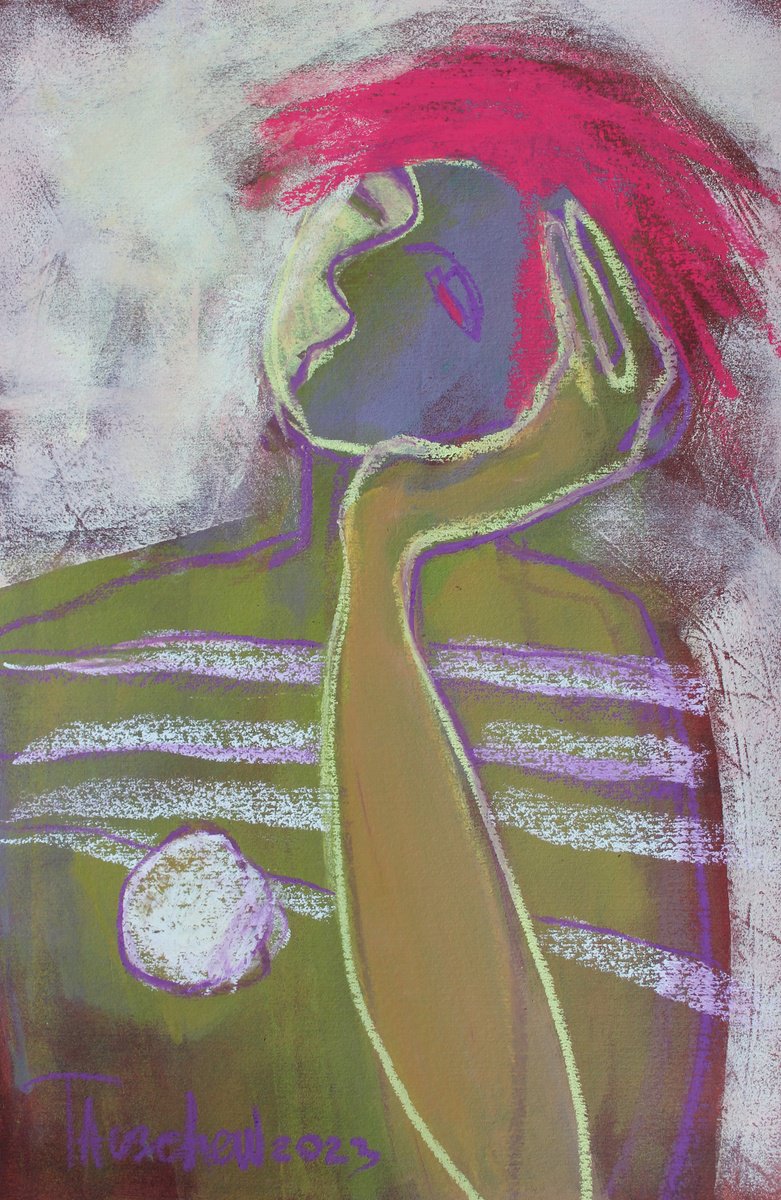 Expressive Portrait Pastel Drawing By Tatjana Auschew, 13 X 20", Where Do Dreams Come From..., Original Artwork