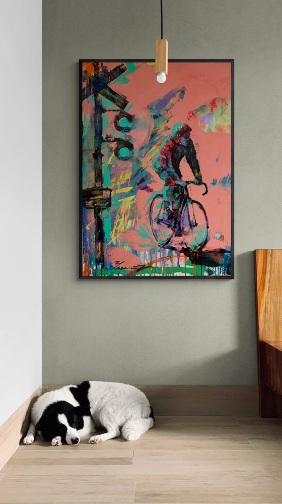 Bright painting - "City cyclist" - Urban Art - Pop Art - Bicycle - Street Art - Pink&Green - City - Street scene