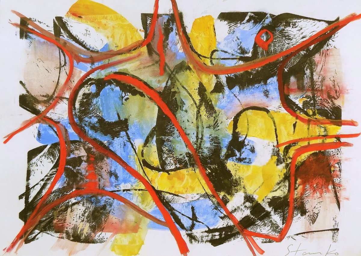 Abstract Acrylic Painting By Stanislav Bojankov, 28 X 20", Improvisation-Xxxii, Original Artwork