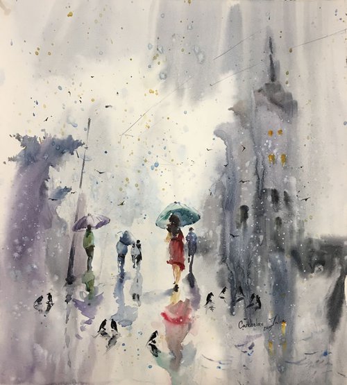 Watercolor “Lady in red with green umbrella” by Iulia Carchelan