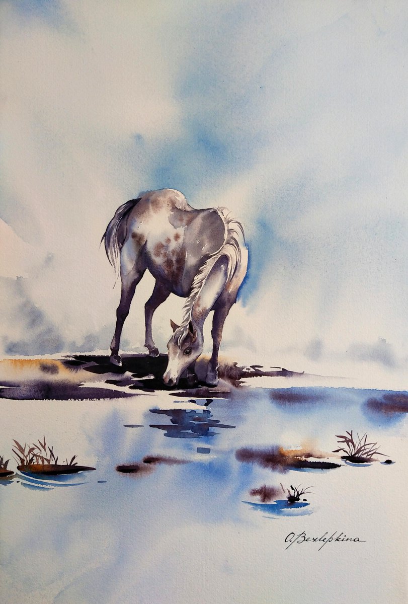 Magical creatures. Waterhole in the clouds - white horse, animal portrait by Olga Bezlepkina