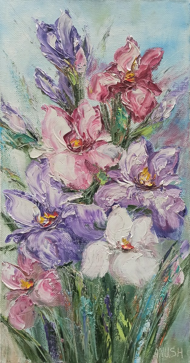 Impressionistic Botanical Oil Painting By Anush Emiryan, 16 X 31, Irises, Original Artwork