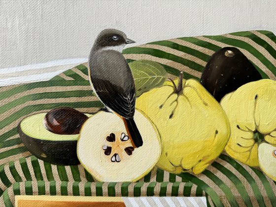 Quince, avocado and bird