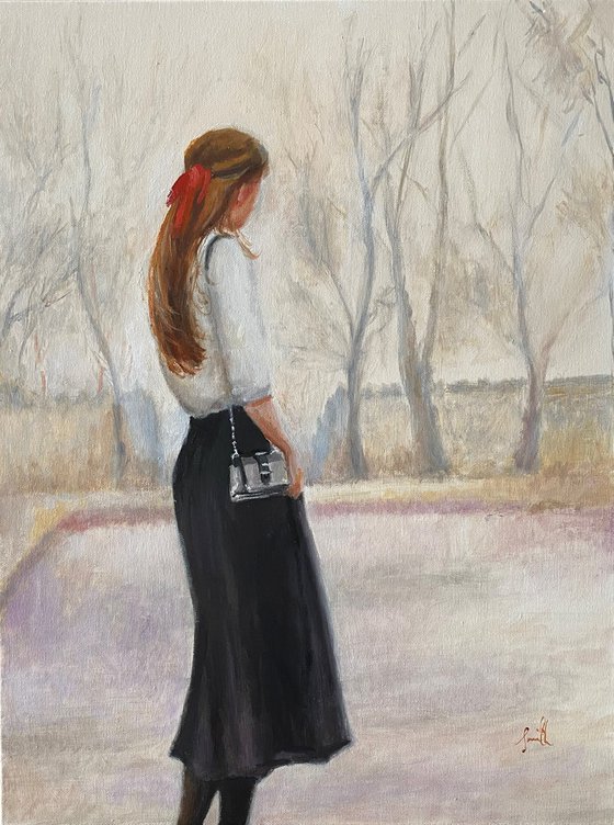 Girl with the Red Bow: Contemporary Oil Painting.