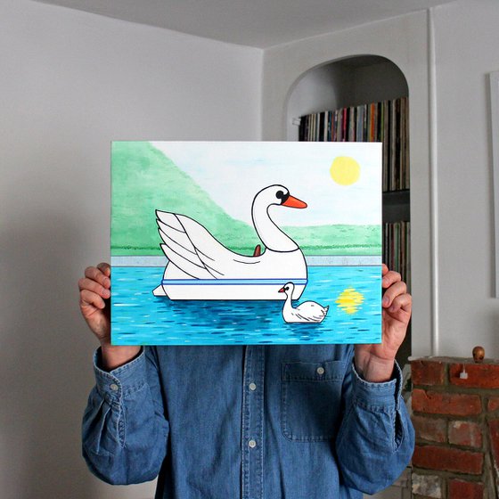 Swan Boat With Swan on Boating Lake - Spring Version - Painting on Canvas