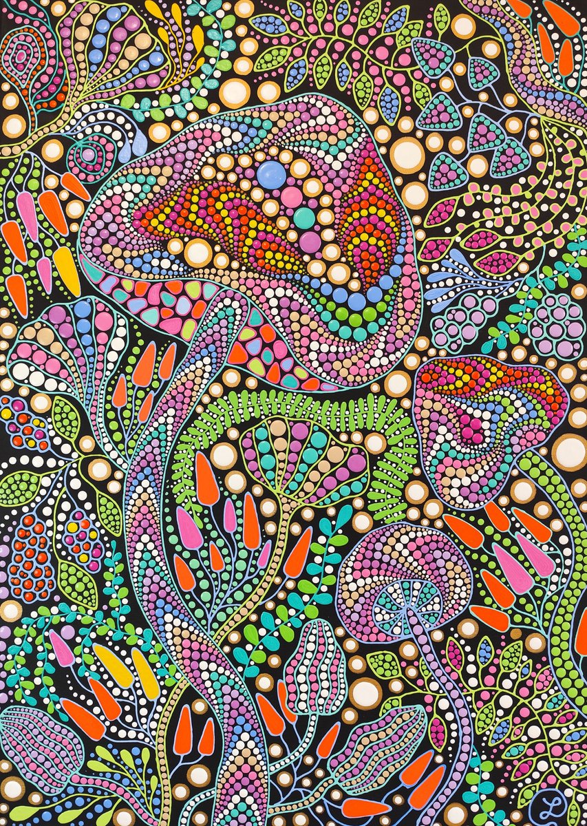 Expressive Botanical Acrylic Painting By Oxana Lazari, 20 X 28", Mushroom Forest, Original Artwork