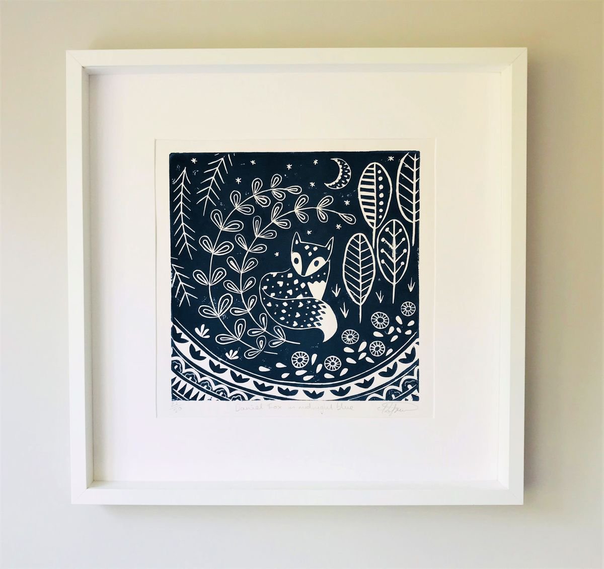 Daniel Fox in midnight blue, scandinavian folk art, limited edition by Katie Farrell