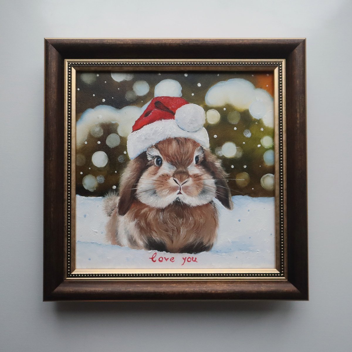 Photorealistic Animal Oil Painting By Natalia Shaykina, 10 X 10", Christmas Bunny, Original Artwork