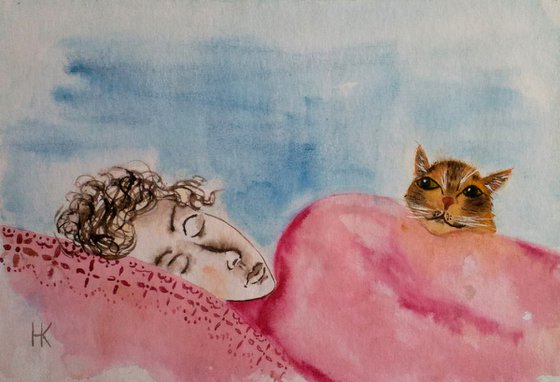 Girl and cat original watercolor painting" My morning. 5 o'clock"