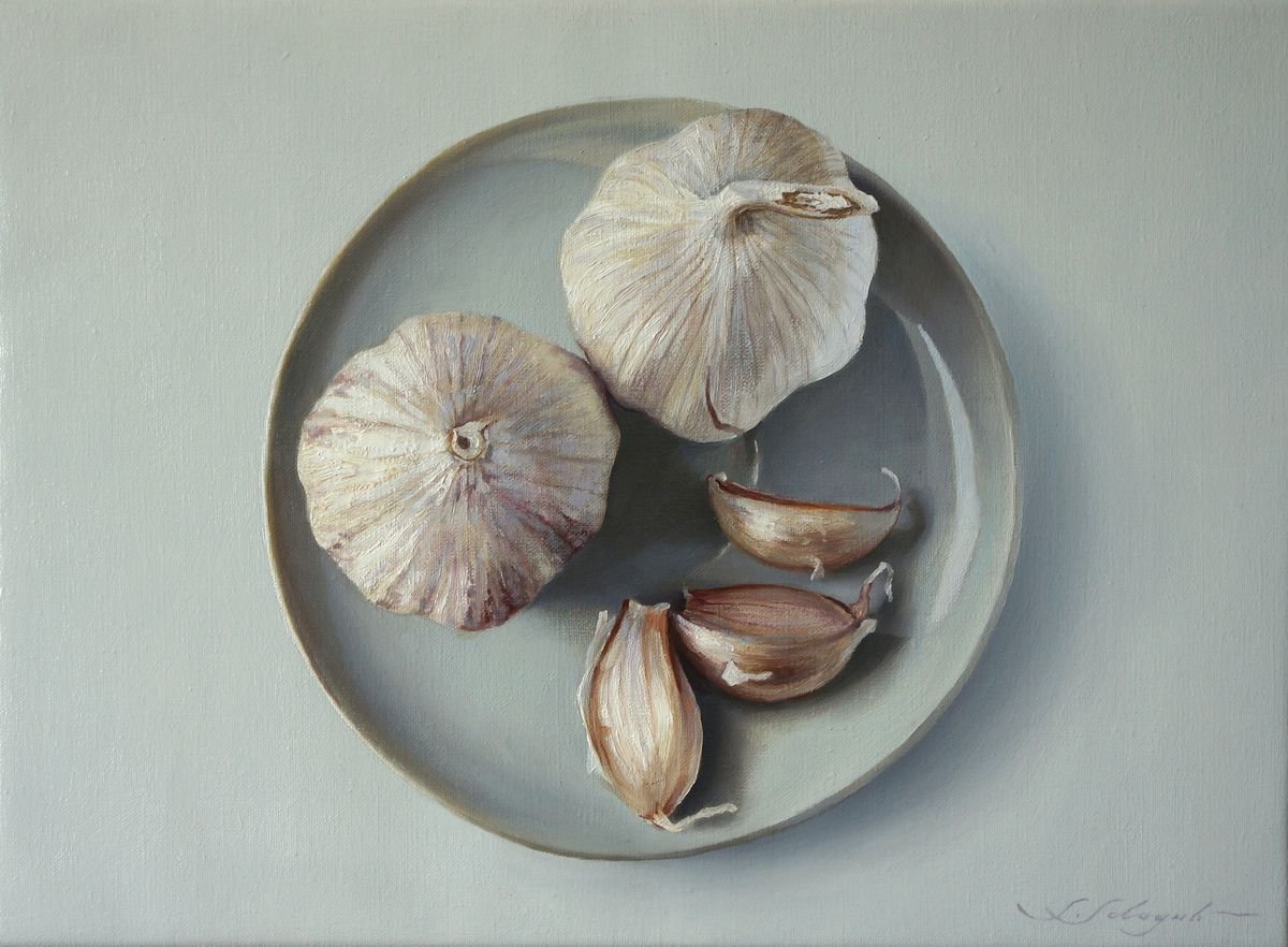Photorealistic Still Life Oil Painting By Sergej Sologub, 22 X 16", Garlic, Original Artwork