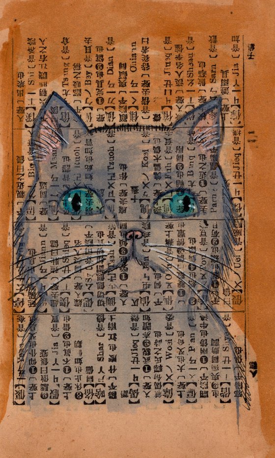 Cockeyed Kitten Portrait on Vintage Book Page