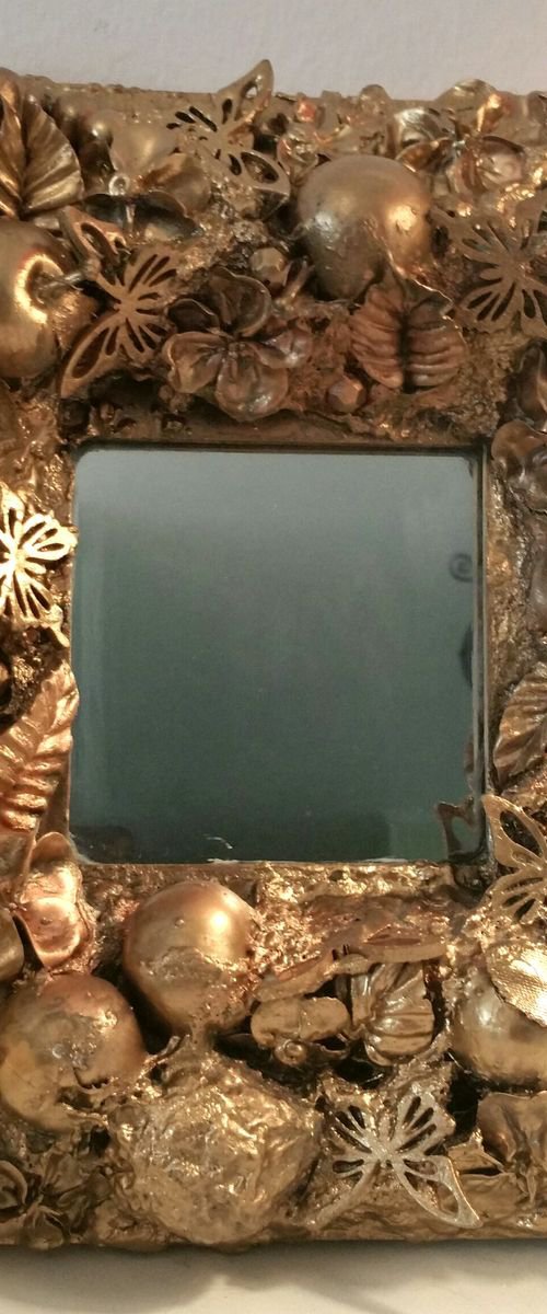 "Artist mirror. Gold" Original relief mirror 26x26x5cm.ready to hang by Elena Kraft