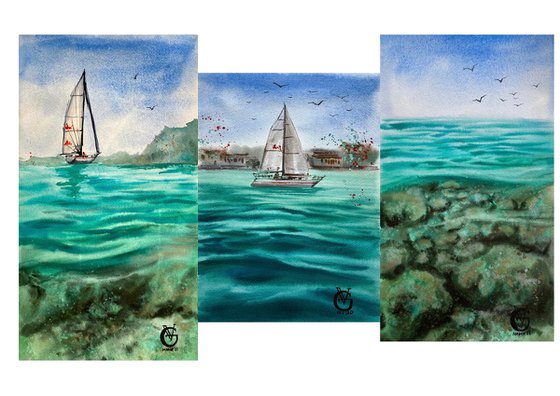 EMERALD GREEN SEA - triptych