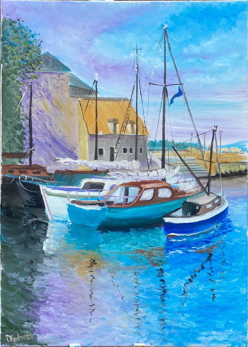 Impressionistic Landscape Oil Painting By Dmitry Fedorov, 20 X 28, Yachts By The Harbor, Original Artwork