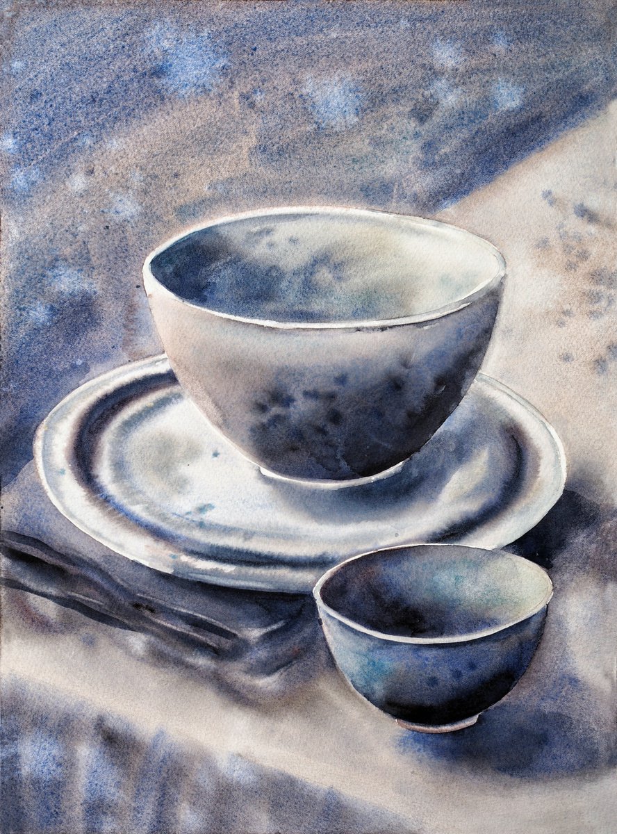 Kitchen story - gray bowls and plate - original watercolor by Delnara El