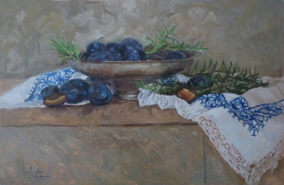 Plums, rosemary and drapery