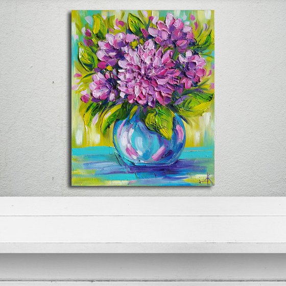 Hydrangeas flowers - oil painting, texture paste, flowers, bouquet of flowers, gift for woman, flowers in vase