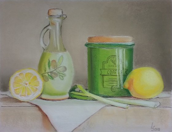 Still Life with lemons and a green jar