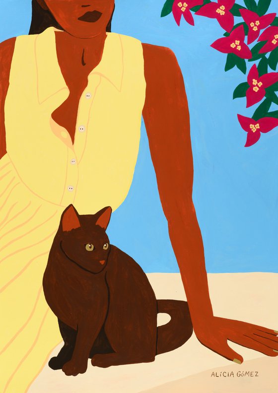 Girl, cat and bougainvillea