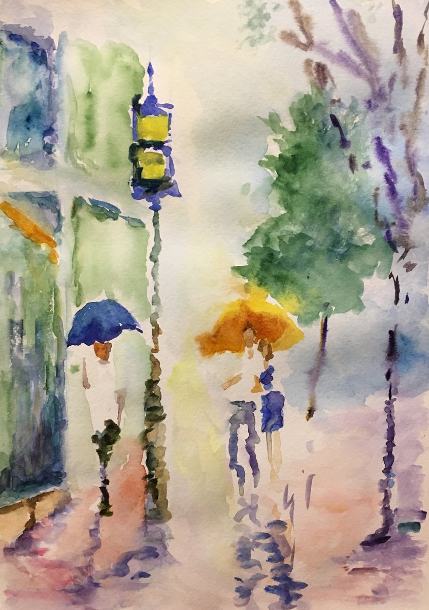 Rainy City, People under an umbrella, watercolor cityscape by Leo Khomich