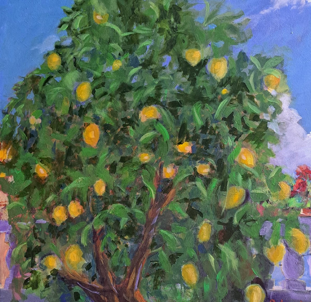 Impressionistic Landscape Acrylic Painting By Rosalind Roberts, 31 X 31", The Lemon Tree, Original Artwork