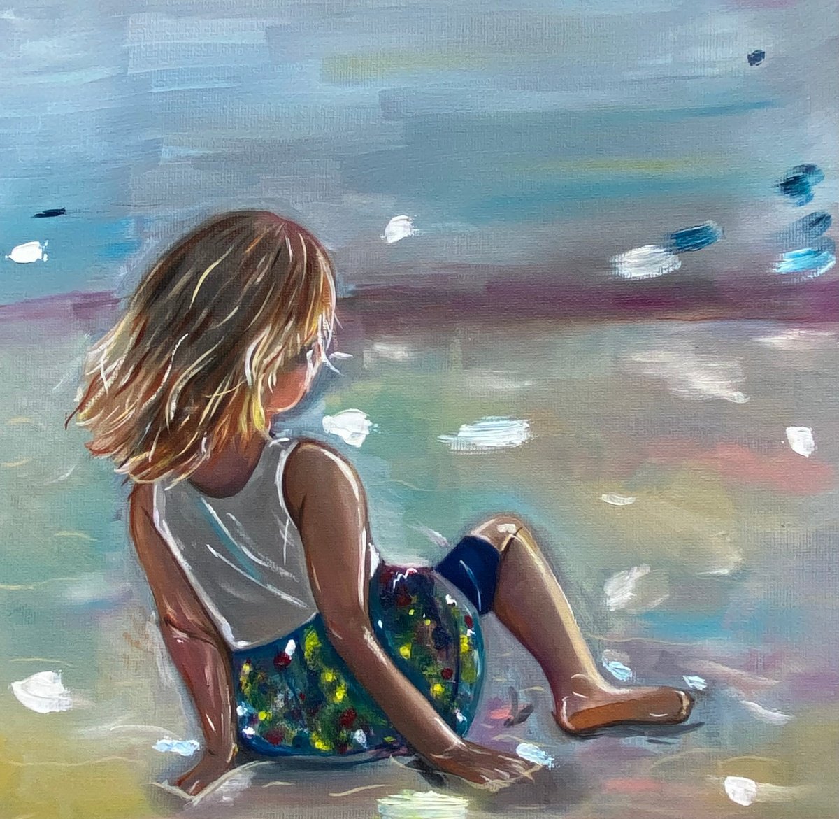 Girl on beach oil painting by Bethany Taylor