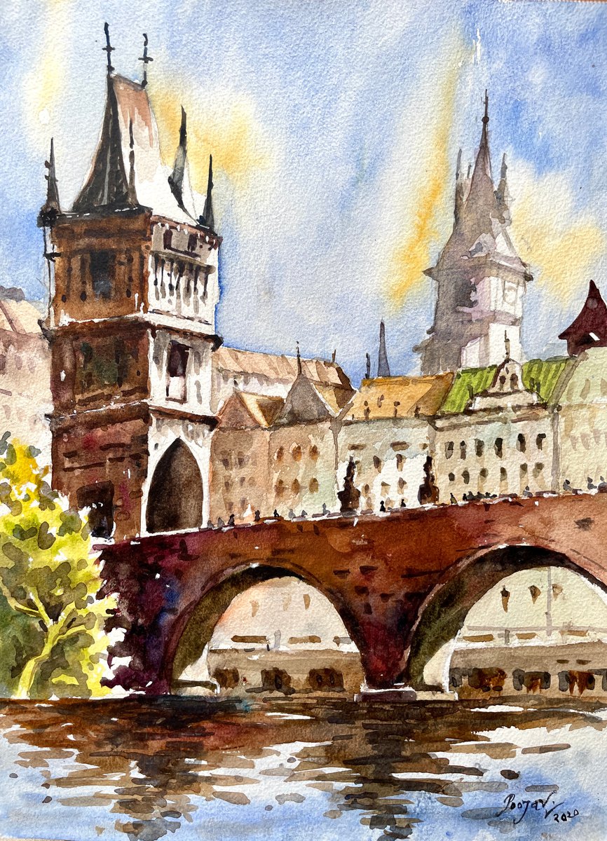 Charles Bridge - Prague Cityscape with Watercolour by Pooja Verma