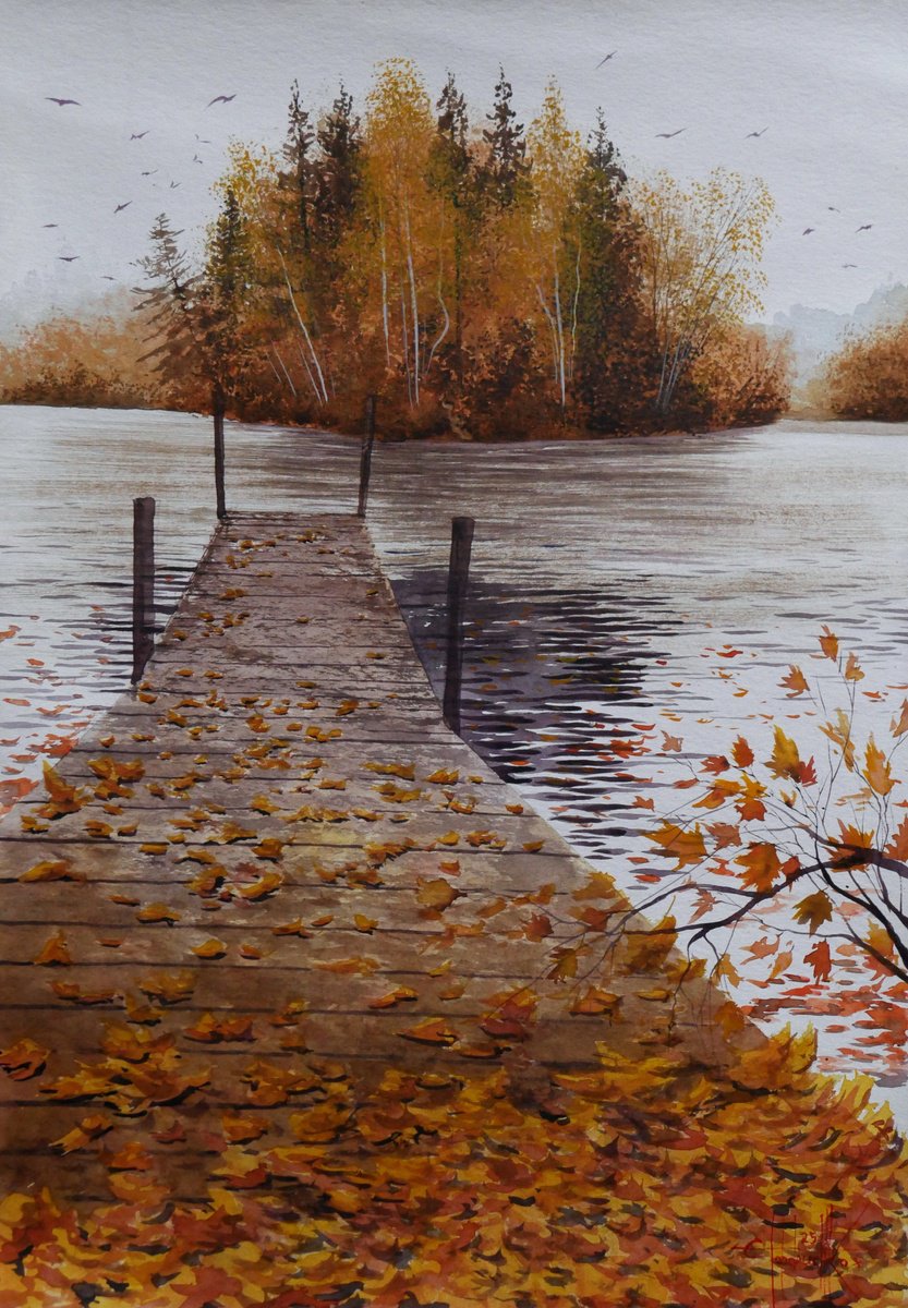 Photorealistic Watercolour , Autumn On The Lake By Eugene Gorbachenko, 17 X 24, Artwork For Sale On Artfinder
