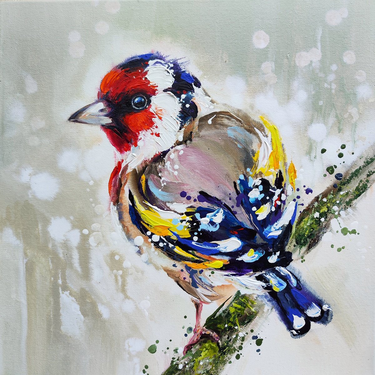 Expressive Animal Acrylic Painting By Anna Cher, 16 X 16, Goldfinch, Original Artwork