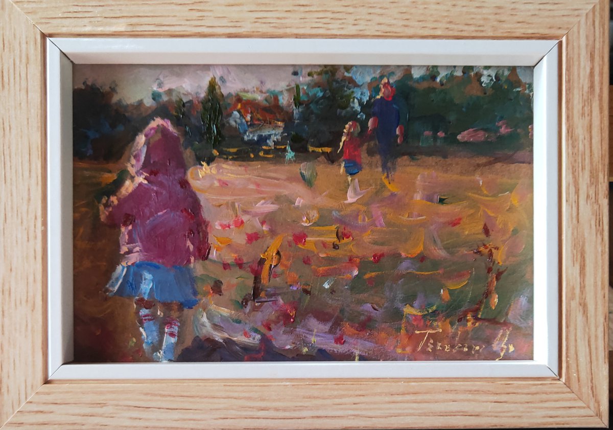Two Sisters On Poppies Field In Tuscany Italy Small Painting Original Artwork Framed 13o?18... by Olga Tsarkova