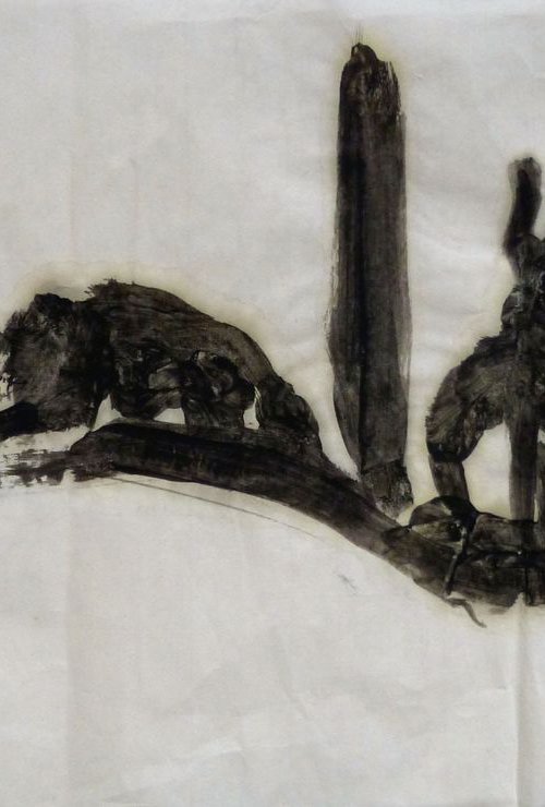 Two cats 2, ink painting on chinese paper, 33x53 cm by Frederic Belaubre