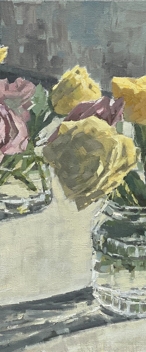 Roses in jam jars by Louise Gillard