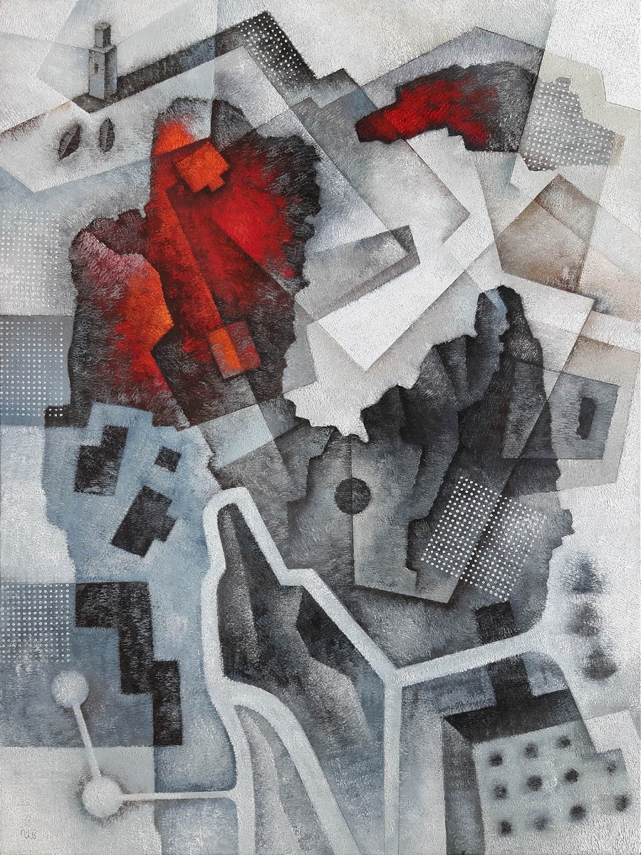 Geometric Abstract Oil Painting By Eugene Ivanov, 24 X 31, The Distant Lighthouse, Original Artwork