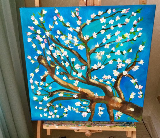 Almond blossom on turquoise inspired by Vincent Van Gogh oil painting ready to hang