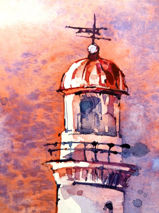 Original watercolor landscape "Lighthouse. Golden glow of sunset"
