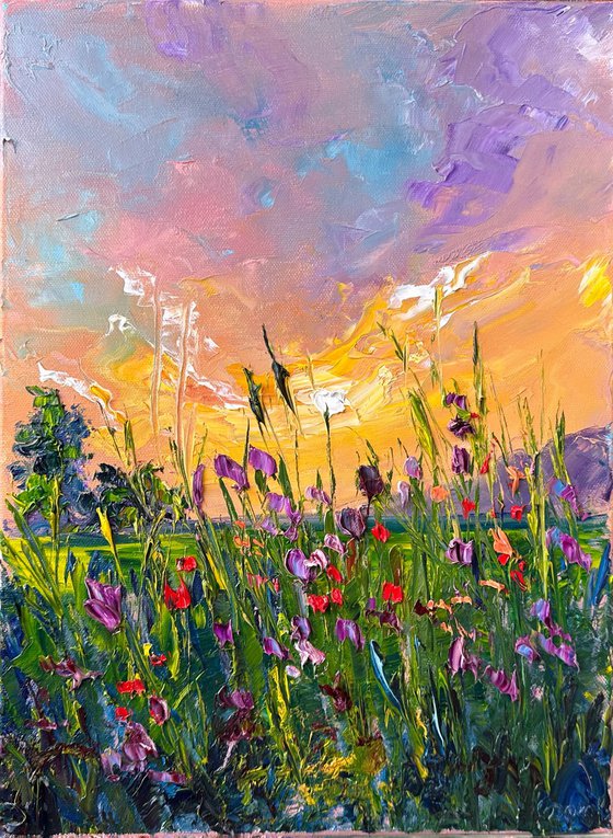 Yellow sunset with flowers