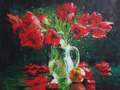 Poppies in a glass vase. 40x30. ORIGINAL OIL PAINTING, GIFT by Linar Ganeev