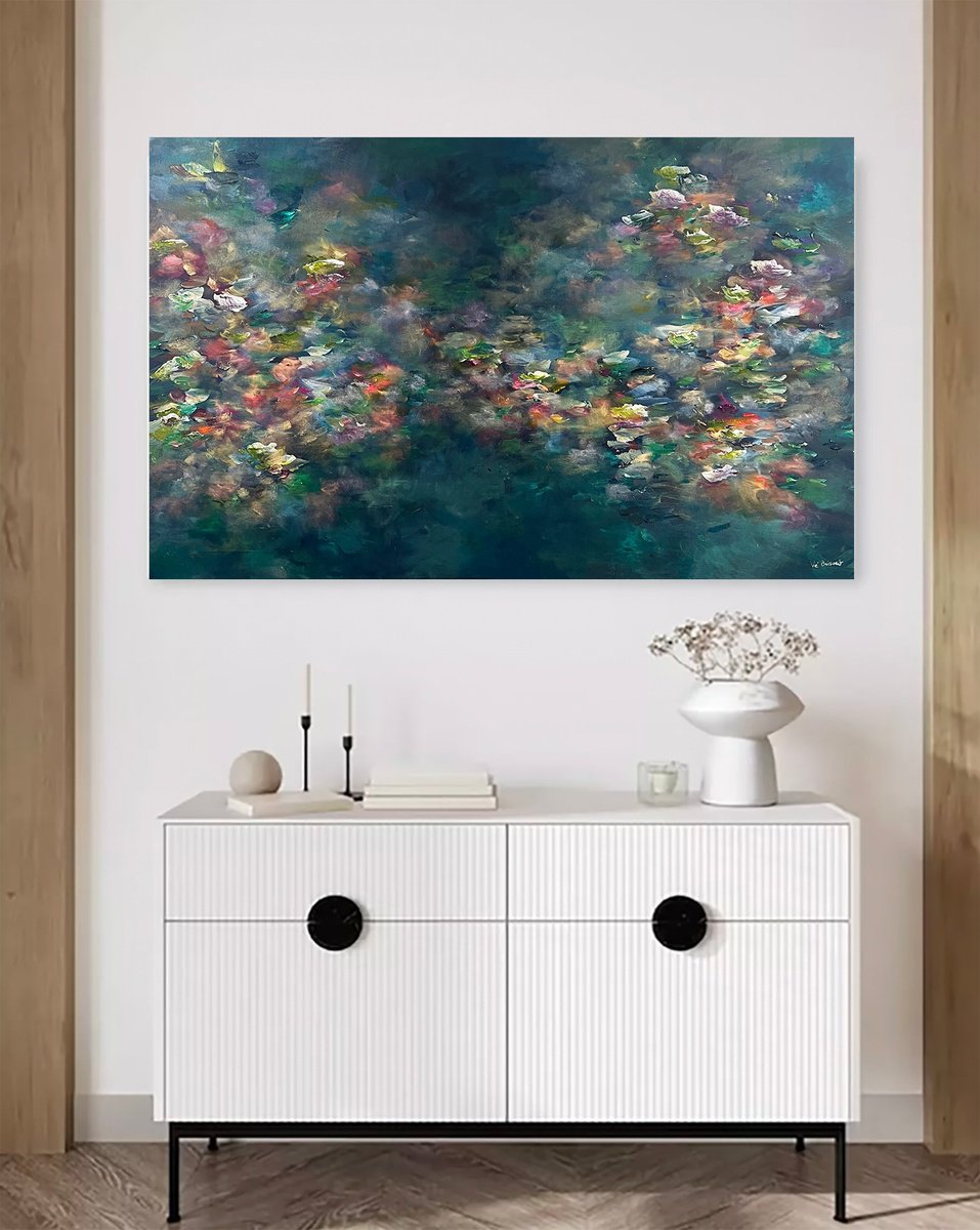 Abstract Acrylic Painting By Ve Boisvert, 48 X 30", Reflexions Of Nympheas, Original Artwork