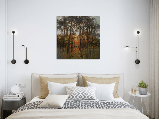 Autumn forest at sunset  Landscape painting