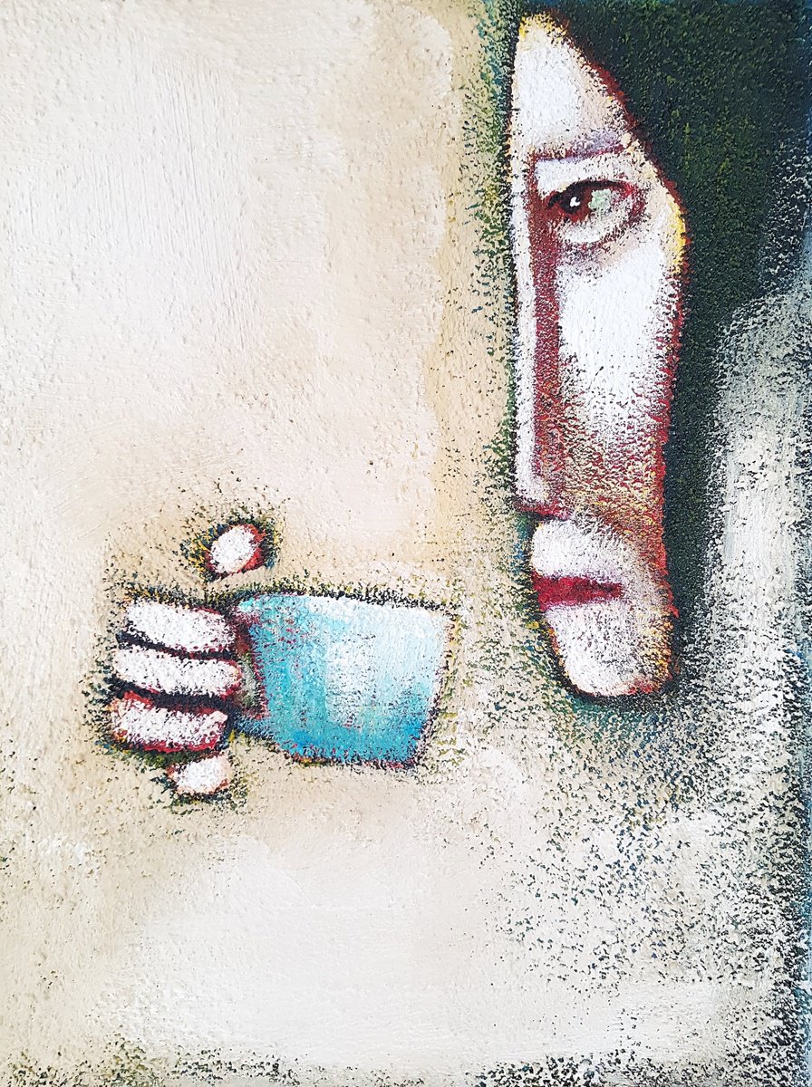 Portrait Acrylic Painting By Zhana Viel, 12 X 16", Morning Cup Ii, Original Artwork