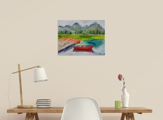 Mountains Painting, Boat on the Lake Original Watercolor Painting, Landscape Wall Art