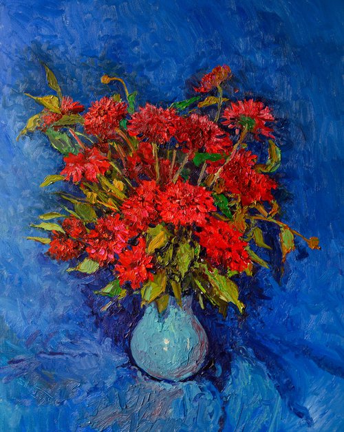 Red Georgin Flowers on the Blue by Suren Nersisyan