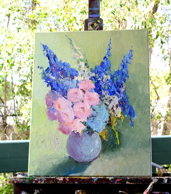 Floral Bouquet, Blue and Pink