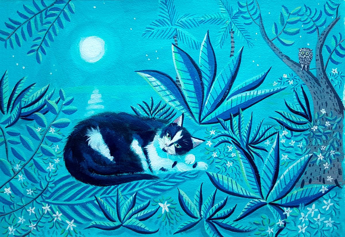 Illustrative Animal Acrylic Painting By Mary Stubberfield, 16 X 11", The Night Shift, Original Artwork