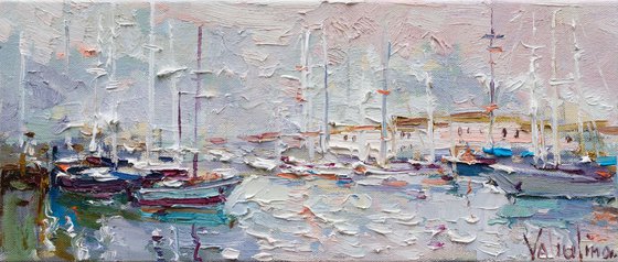 Sailing yachts in marina at sunrise Original seascape painting